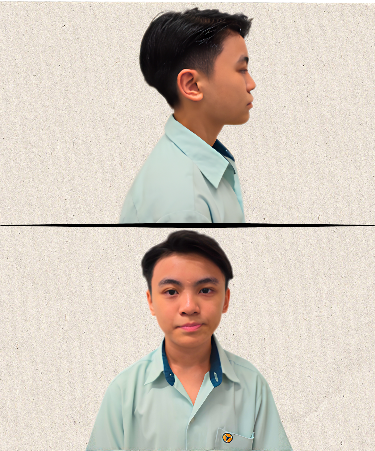 A two-panel portrait on a light textured background illustrating male grooming standards. The top panel shows a side profile view of a male student with hair neatly trimmed above the ear and clear of the collar. The bottom panel shows a front-facing portrait of the student with short, tidy hair and a clean-shaven face, wearing a light green collared school shirt with a dark teal inner collar.